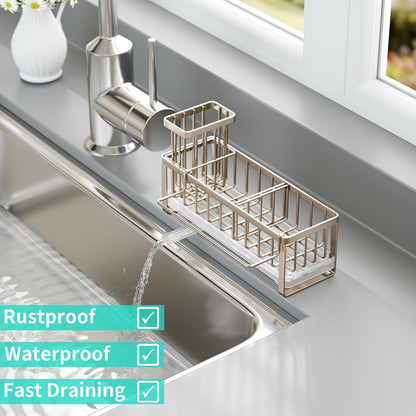 Sponge Holder for Kitchen Sink - Self-draining Sink Caddy with Brush and Dishcloth Holders, Stainless Steel Kitchen Countertop Organizers and Storage Essentials - Black