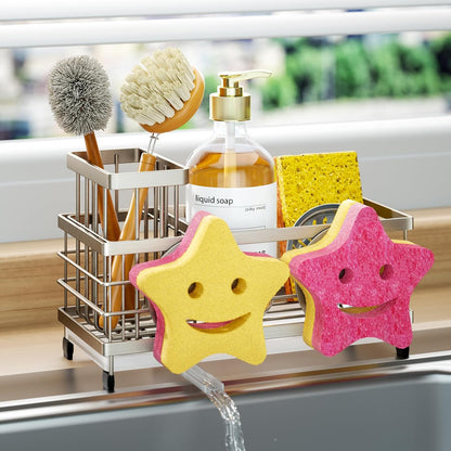 Sponge Holder for Kitchen Sink - Self-draining Sink Caddy with Brush and Dishcloth Holders, Stainless Steel Kitchen Countertop Organizers and Storage Essentials - Black