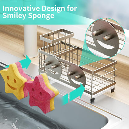 Sponge Holder for Kitchen Sink - Self-draining Sink Caddy with Brush and Dishcloth Holders, Stainless Steel Kitchen Countertop Organizers and Storage Essentials - Black