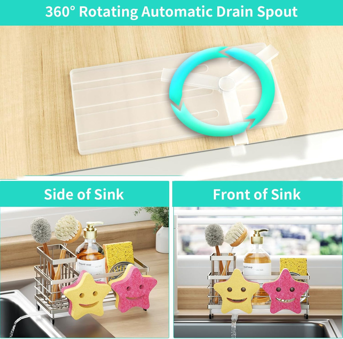 Sponge Holder for Kitchen Sink - Self-draining Sink Caddy with Brush and Dishcloth Holders, Stainless Steel Kitchen Countertop Organizers and Storage Essentials - Black