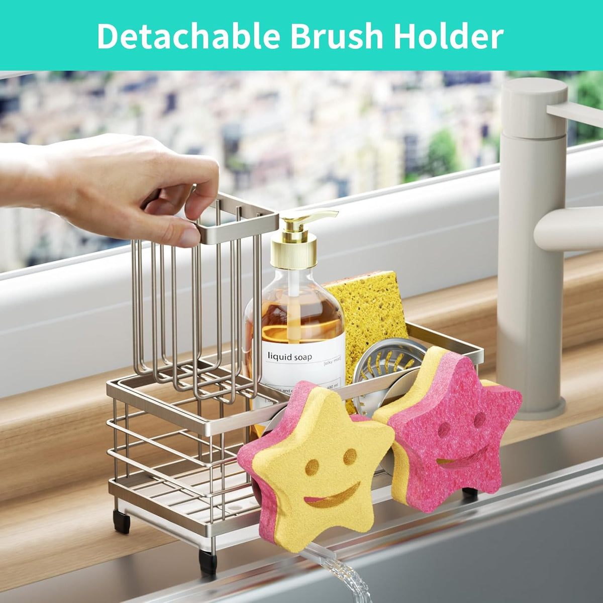 Sponge Holder for Kitchen Sink - Self-draining Sink Caddy with Brush and Dishcloth Holders, Stainless Steel Kitchen Countertop Organizers and Storage Essentials - Black