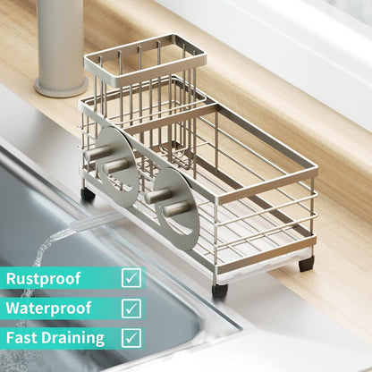Sponge Holder for Kitchen Sink - Self-draining Sink Caddy with Brush and Dishcloth Holders, Stainless Steel Kitchen Countertop Organizers and Storage Essentials - Black