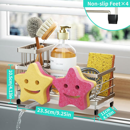 Sponge Holder for Kitchen Sink - Self-draining Sink Caddy with Brush and Dishcloth Holders, Stainless Steel Kitchen Countertop Organizers and Storage Essentials - Black