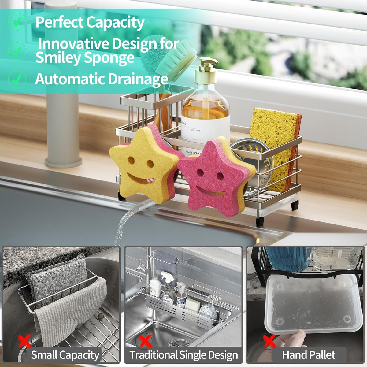 Sponge Holder for Kitchen Sink - Self-draining Sink Caddy with Brush and Dishcloth Holders, Stainless Steel Kitchen Countertop Organizers and Storage Essentials - Black