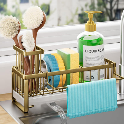 Sponge Holder for Kitchen Sink - Self-draining Sink Caddy with Brush and Dishcloth Holders, Stainless Steel Kitchen Countertop Organizers and Storage Essentials - Black