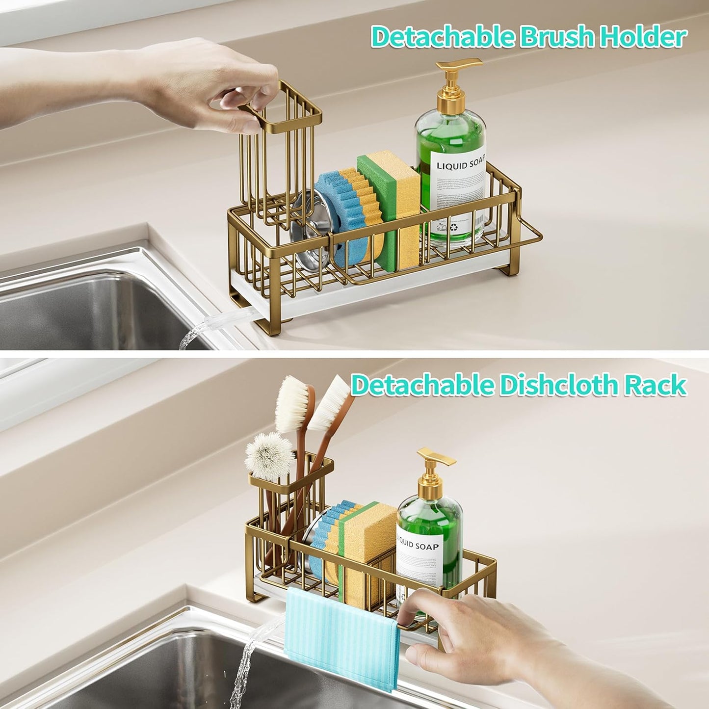 Sponge Holder for Kitchen Sink - Self-draining Sink Caddy with Brush and Dishcloth Holders, Stainless Steel Kitchen Countertop Organizers and Storage Essentials - Black