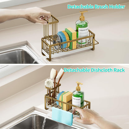 Sponge Holder for Kitchen Sink - Self-draining Sink Caddy with Brush and Dishcloth Holders, Stainless Steel Kitchen Countertop Organizers and Storage Essentials - Black