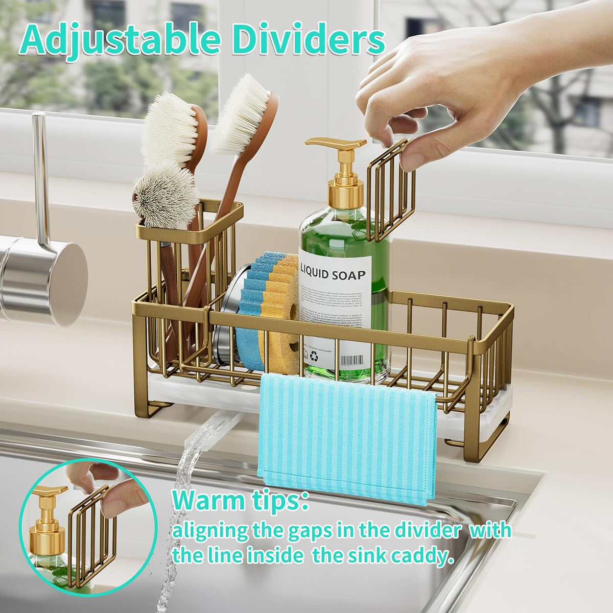 Sponge Holder for Kitchen Sink - Self-draining Sink Caddy with Brush and Dishcloth Holders, Stainless Steel Kitchen Countertop Organizers and Storage Essentials - Black