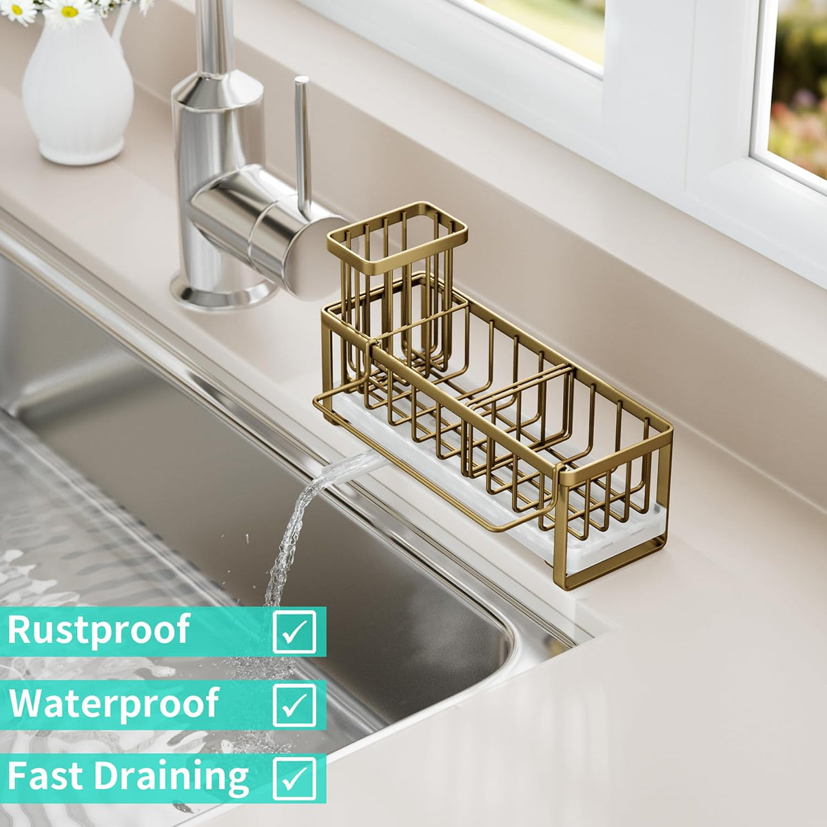 Sponge Holder for Kitchen Sink - Self-draining Sink Caddy with Brush and Dishcloth Holders, Stainless Steel Kitchen Countertop Organizers and Storage Essentials - Black