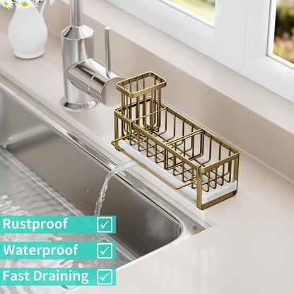 Sponge Holder for Kitchen Sink - Self-draining Sink Caddy with Brush and Dishcloth Holders, Stainless Steel Kitchen Countertop Organizers and Storage Essentials - Black