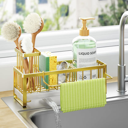 Sponge Holder for Kitchen Sink - Self-draining Sink Caddy with Brush and Dishcloth Holders, Stainless Steel Kitchen Countertop Organizers and Storage Essentials - Black