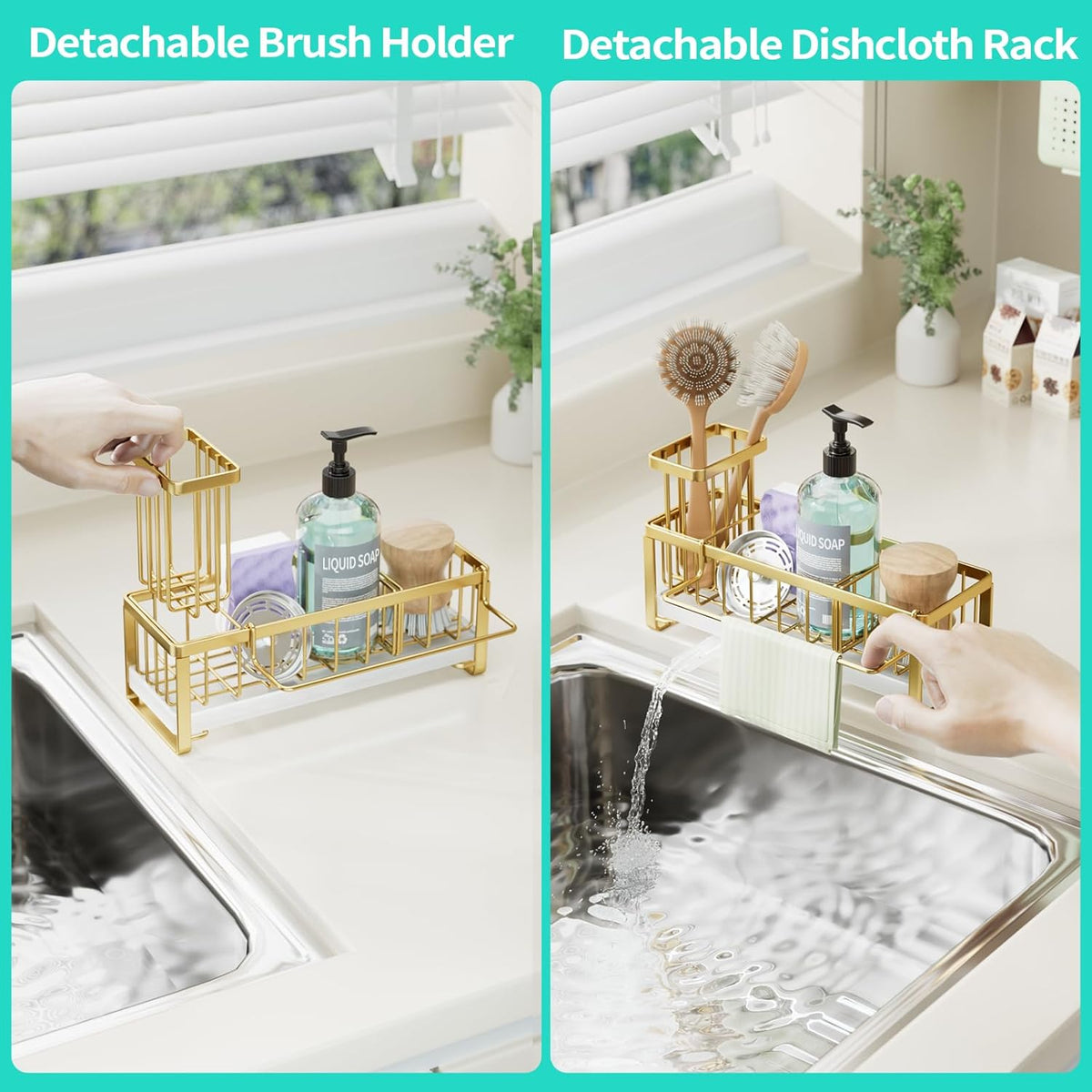 Sponge Holder for Kitchen Sink - Self-draining Sink Caddy with Brush and Dishcloth Holders, Stainless Steel Kitchen Countertop Organizers and Storage Essentials - Black