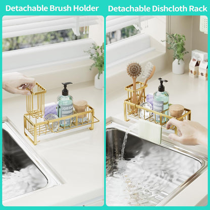 Sponge Holder for Kitchen Sink - Self-draining Sink Caddy with Brush and Dishcloth Holders, Stainless Steel Kitchen Countertop Organizers and Storage Essentials - Black