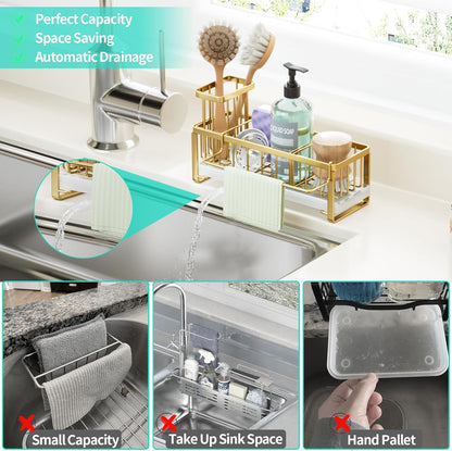 Sponge Holder for Kitchen Sink - Self-draining Sink Caddy with Brush and Dishcloth Holders, Stainless Steel Kitchen Countertop Organizers and Storage Essentials - Black