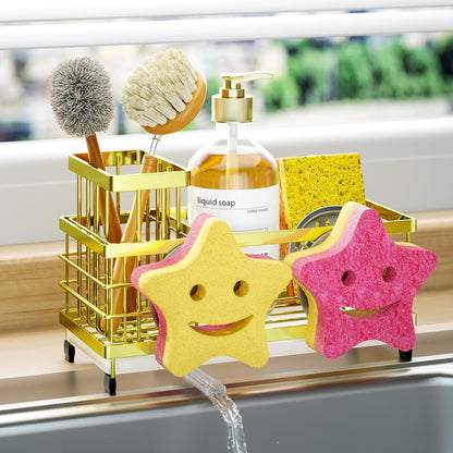 Sponge Holder for Kitchen Sink - Self-draining Sink Caddy with Brush and Dishcloth Holders, Stainless Steel Kitchen Countertop Organizers and Storage Essentials - Black