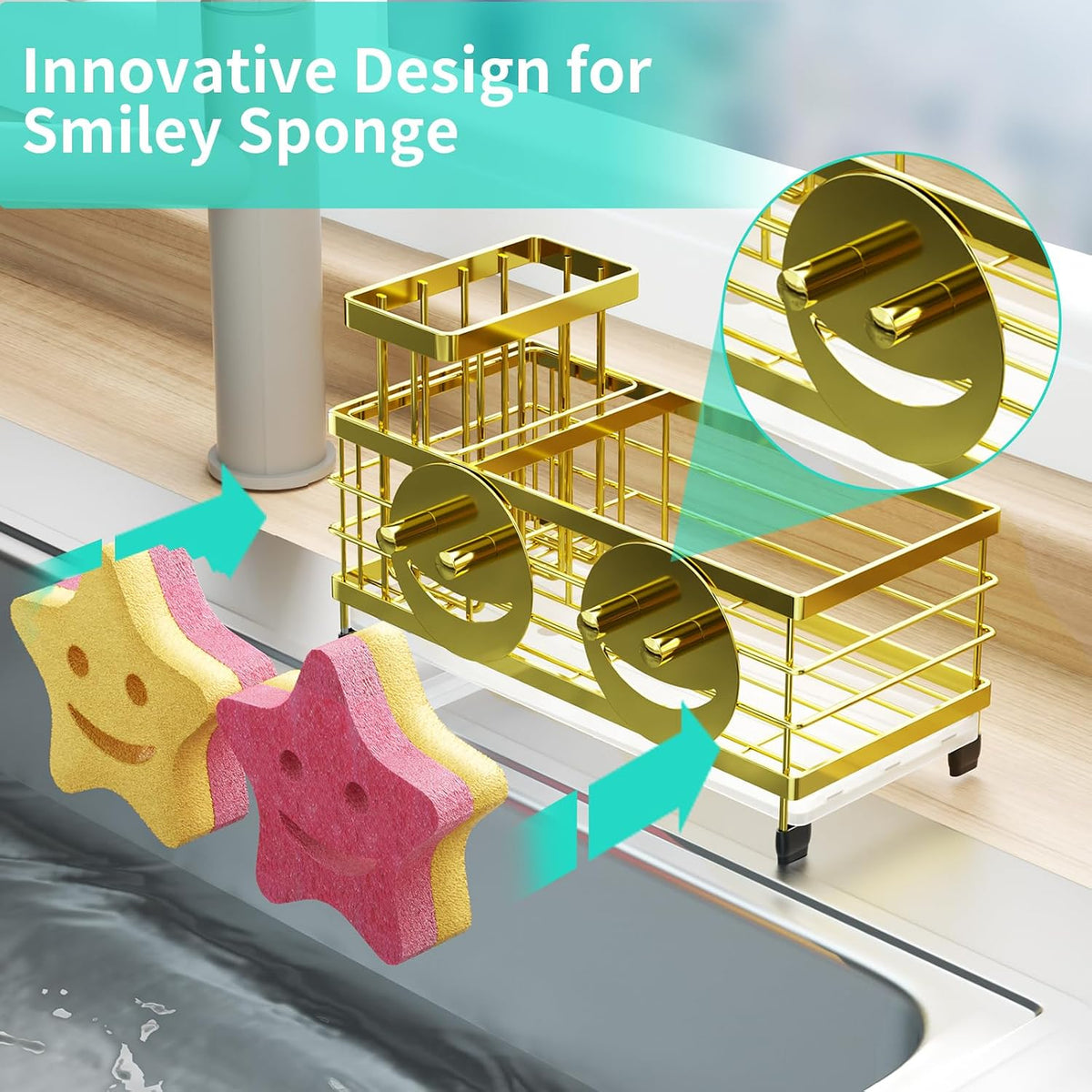 Sponge Holder for Kitchen Sink - Self-draining Sink Caddy with Brush and Dishcloth Holders, Stainless Steel Kitchen Countertop Organizers and Storage Essentials - Black