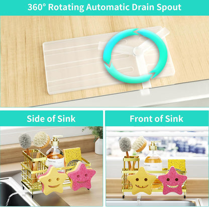 Sponge Holder for Kitchen Sink - Self-draining Sink Caddy with Brush and Dishcloth Holders, Stainless Steel Kitchen Countertop Organizers and Storage Essentials - Black