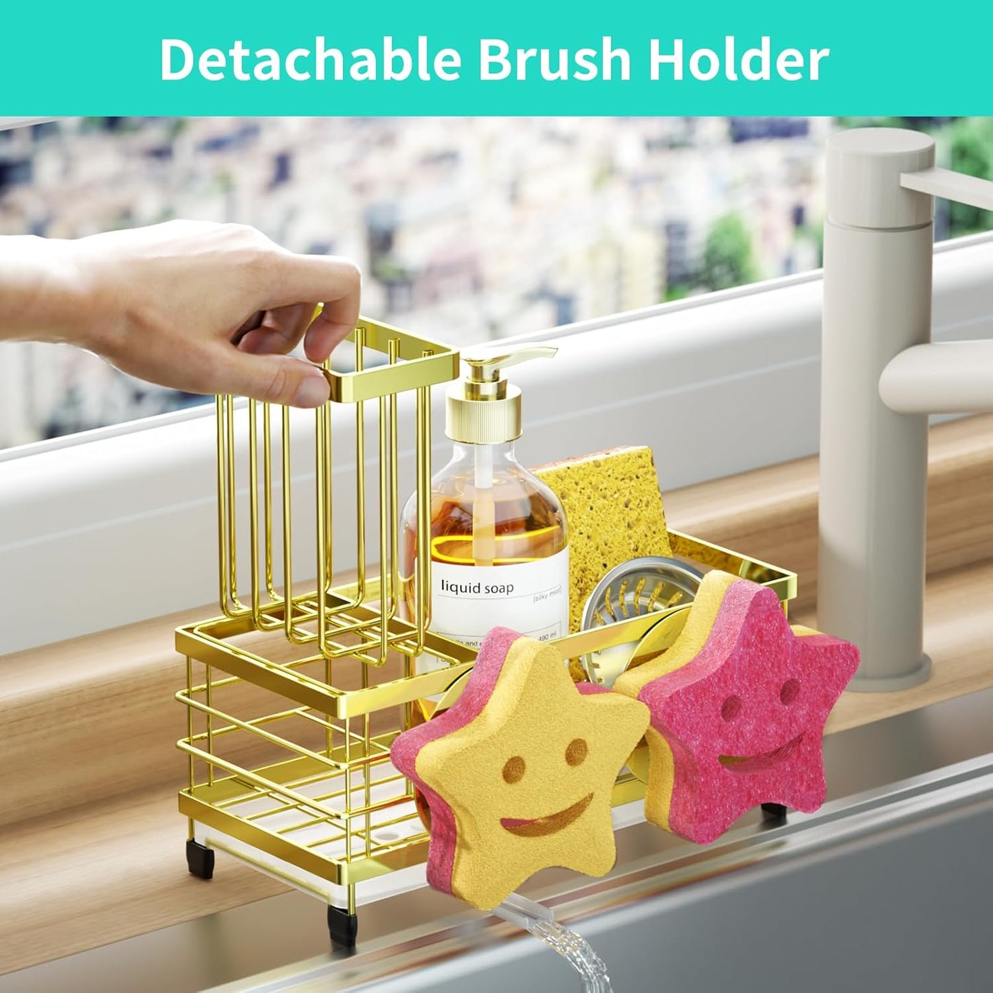 Sponge Holder for Kitchen Sink - Self-draining Sink Caddy with Brush and Dishcloth Holders, Stainless Steel Kitchen Countertop Organizers and Storage Essentials - Black
