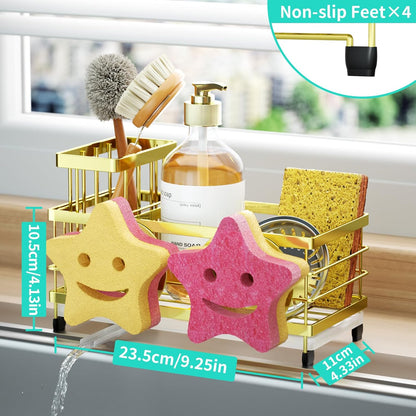 Sponge Holder for Kitchen Sink - Self-draining Sink Caddy with Brush and Dishcloth Holders, Stainless Steel Kitchen Countertop Organizers and Storage Essentials - Black