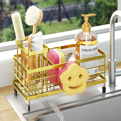Sponge Holder for Kitchen Sink - Self-draining Sink Caddy with Brush and Dishcloth Holders, Stainless Steel Kitchen Countertop Organizers and Storage Essentials - Black