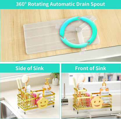 Sponge Holder for Kitchen Sink - Self-draining Sink Caddy with Brush and Dishcloth Holders, Stainless Steel Kitchen Countertop Organizers and Storage Essentials - Black