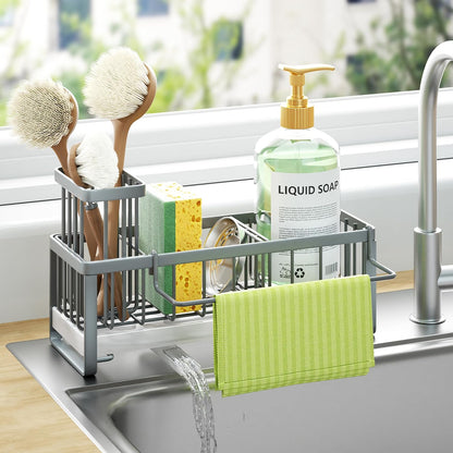 Sponge Holder for Kitchen Sink - Self-draining Sink Caddy with Brush and Dishcloth Holders, Stainless Steel Kitchen Countertop Organizers and Storage Essentials - Black