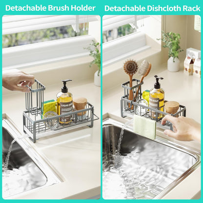 Sponge Holder for Kitchen Sink - Self-draining Sink Caddy with Brush and Dishcloth Holders, Stainless Steel Kitchen Countertop Organizers and Storage Essentials - Black