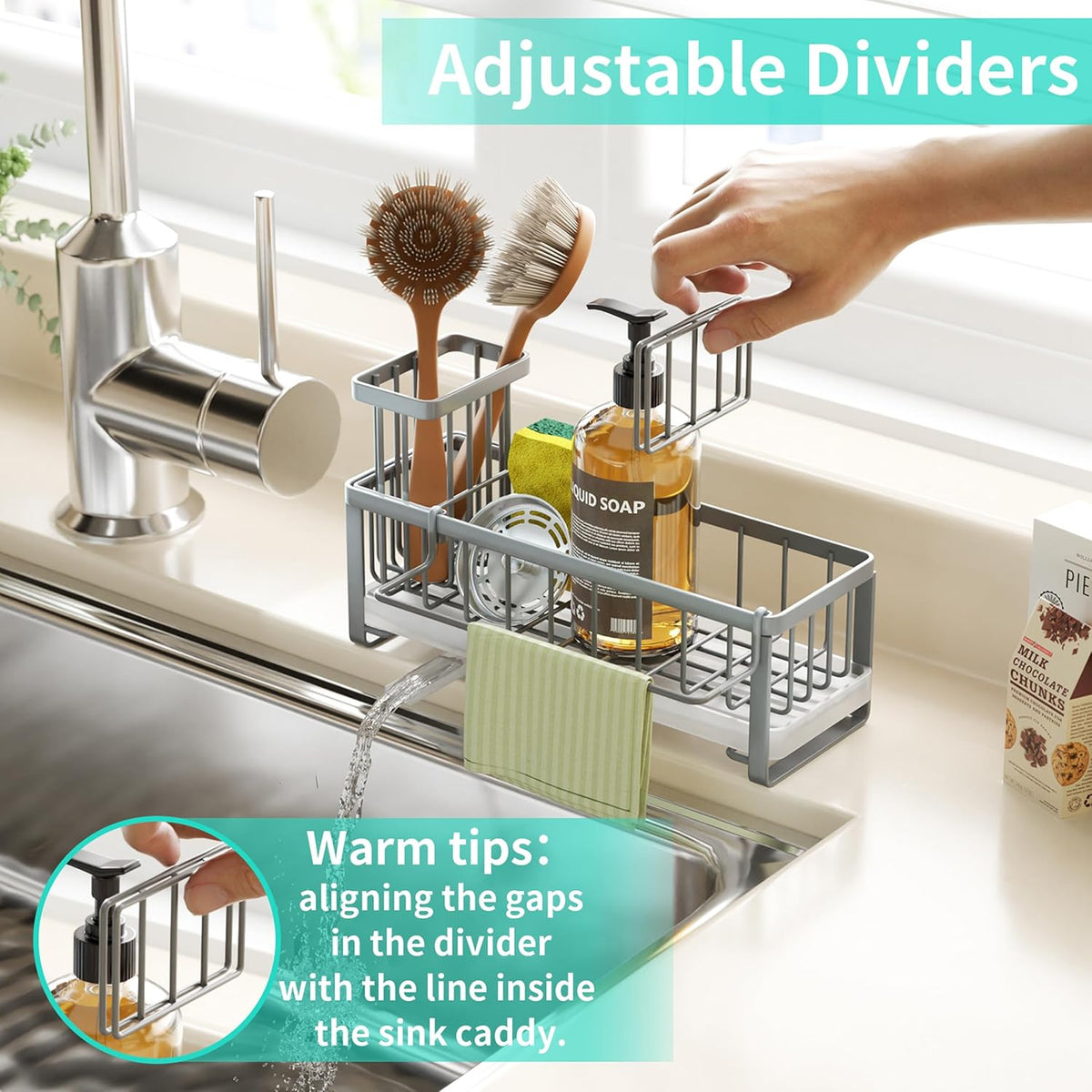 Sponge Holder for Kitchen Sink - Self-draining Sink Caddy with Brush and Dishcloth Holders, Stainless Steel Kitchen Countertop Organizers and Storage Essentials - Black