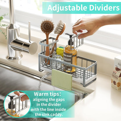 Sponge Holder for Kitchen Sink - Self-draining Sink Caddy with Brush and Dishcloth Holders, Stainless Steel Kitchen Countertop Organizers and Storage Essentials - Black