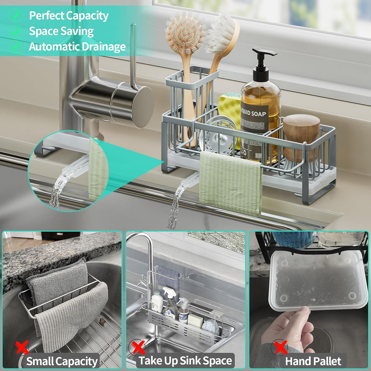 Sponge Holder for Kitchen Sink - Self-draining Sink Caddy with Brush and Dishcloth Holders, Stainless Steel Kitchen Countertop Organizers and Storage Essentials - Black