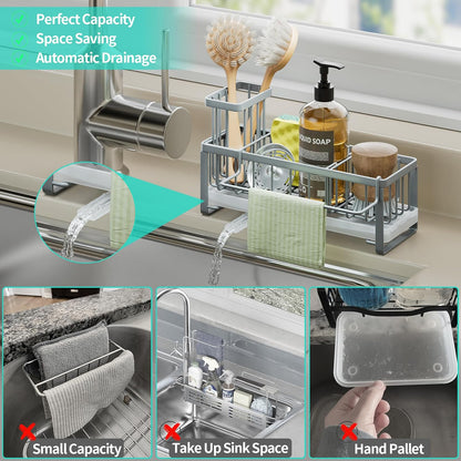 Sponge Holder for Kitchen Sink - Self-draining Sink Caddy with Brush and Dishcloth Holders, Stainless Steel Kitchen Countertop Organizers and Storage Essentials - Black