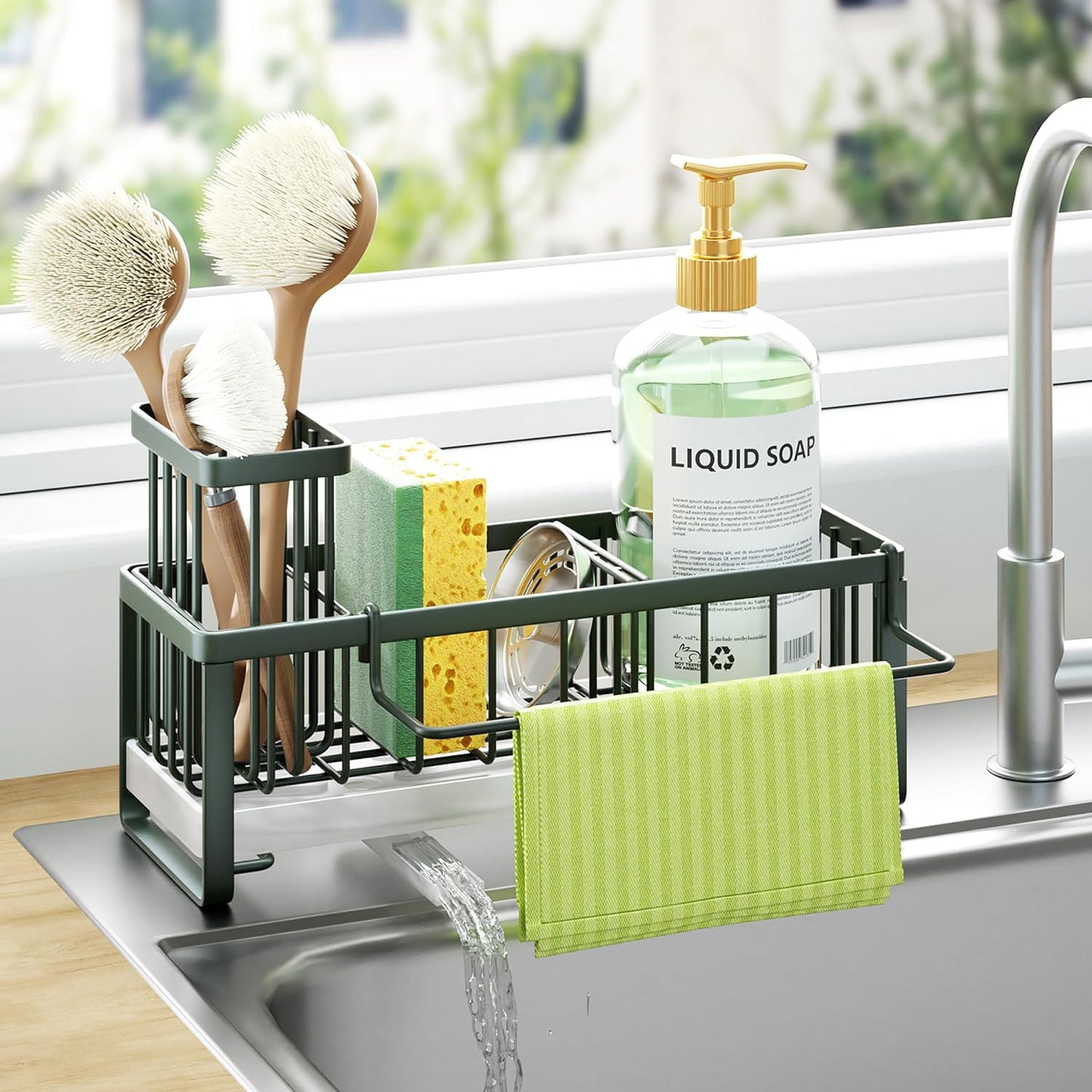 Sponge Holder for Kitchen Sink - Self-draining Sink Caddy with Brush and Dishcloth Holders, Stainless Steel Kitchen Countertop Organizers and Storage Essentials - Black