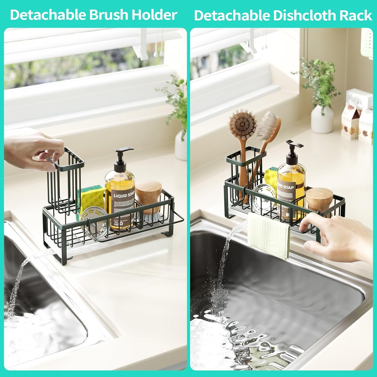 Sponge Holder for Kitchen Sink - Self-draining Sink Caddy with Brush and Dishcloth Holders, Stainless Steel Kitchen Countertop Organizers and Storage Essentials - Black