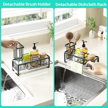 Sponge Holder for Kitchen Sink - Self-draining Sink Caddy with Brush and Dishcloth Holders, Stainless Steel Kitchen Countertop Organizers and Storage Essentials - Black