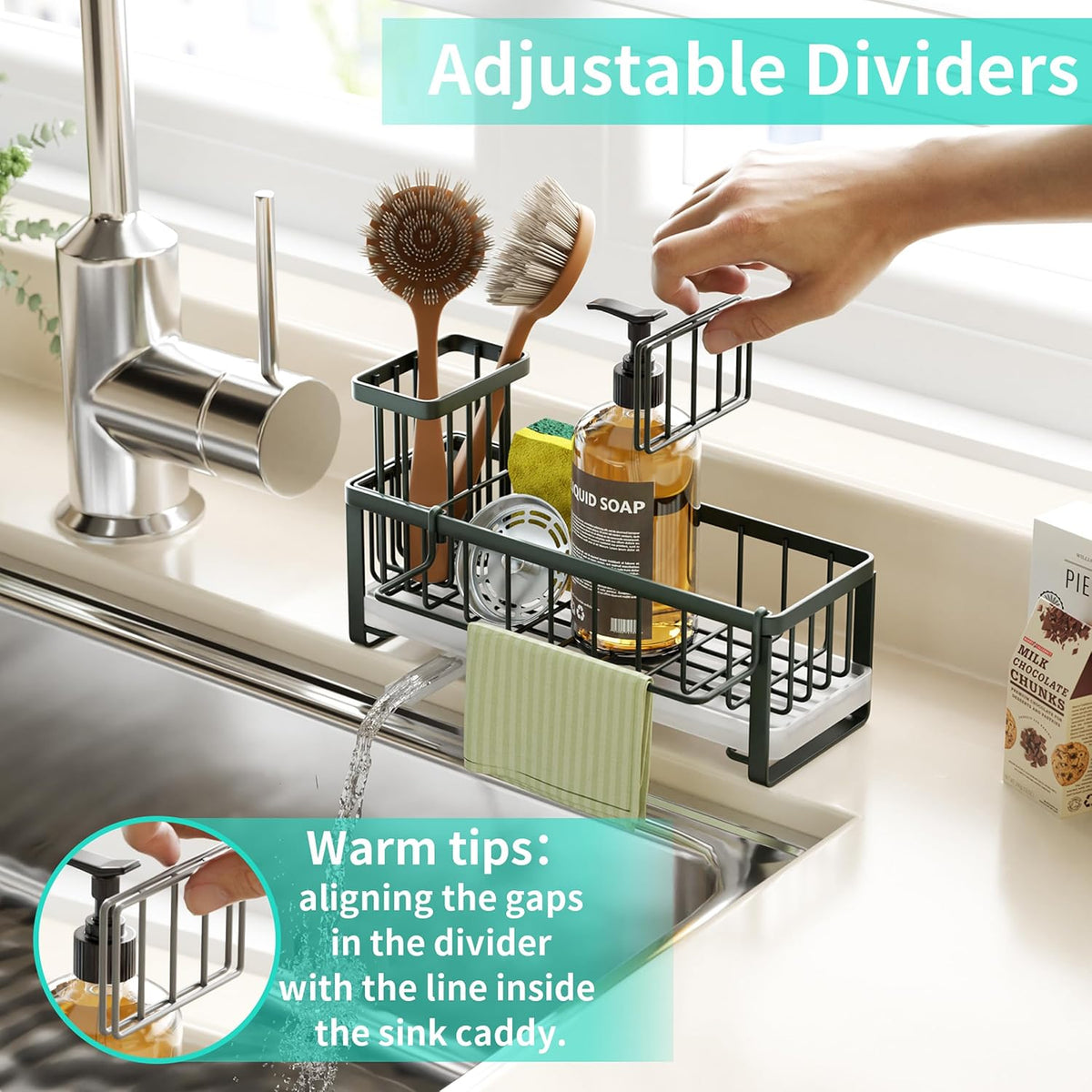 Sponge Holder for Kitchen Sink - Self-draining Sink Caddy with Brush and Dishcloth Holders, Stainless Steel Kitchen Countertop Organizers and Storage Essentials - Black