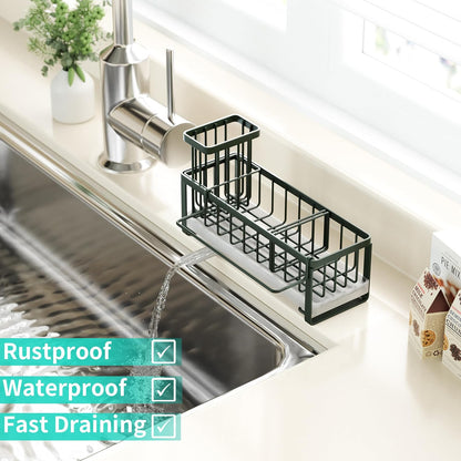 Sponge Holder for Kitchen Sink - Self-draining Sink Caddy with Brush and Dishcloth Holders, Stainless Steel Kitchen Countertop Organizers and Storage Essentials - Black