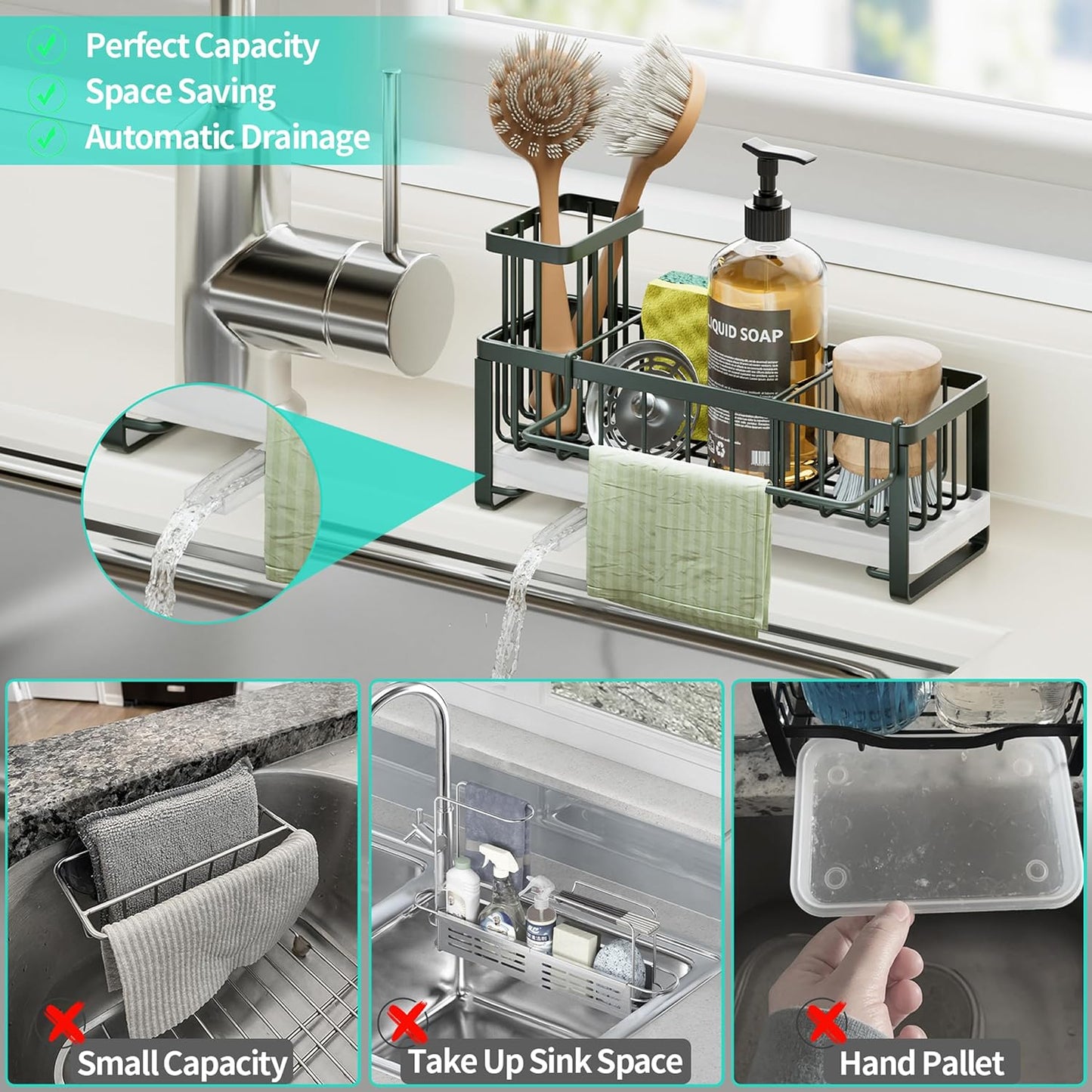 Sponge Holder for Kitchen Sink - Self-draining Sink Caddy with Brush and Dishcloth Holders, Stainless Steel Kitchen Countertop Organizers and Storage Essentials - Black