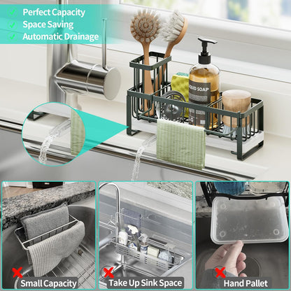 Sponge Holder for Kitchen Sink - Self-draining Sink Caddy with Brush and Dishcloth Holders, Stainless Steel Kitchen Countertop Organizers and Storage Essentials - Black