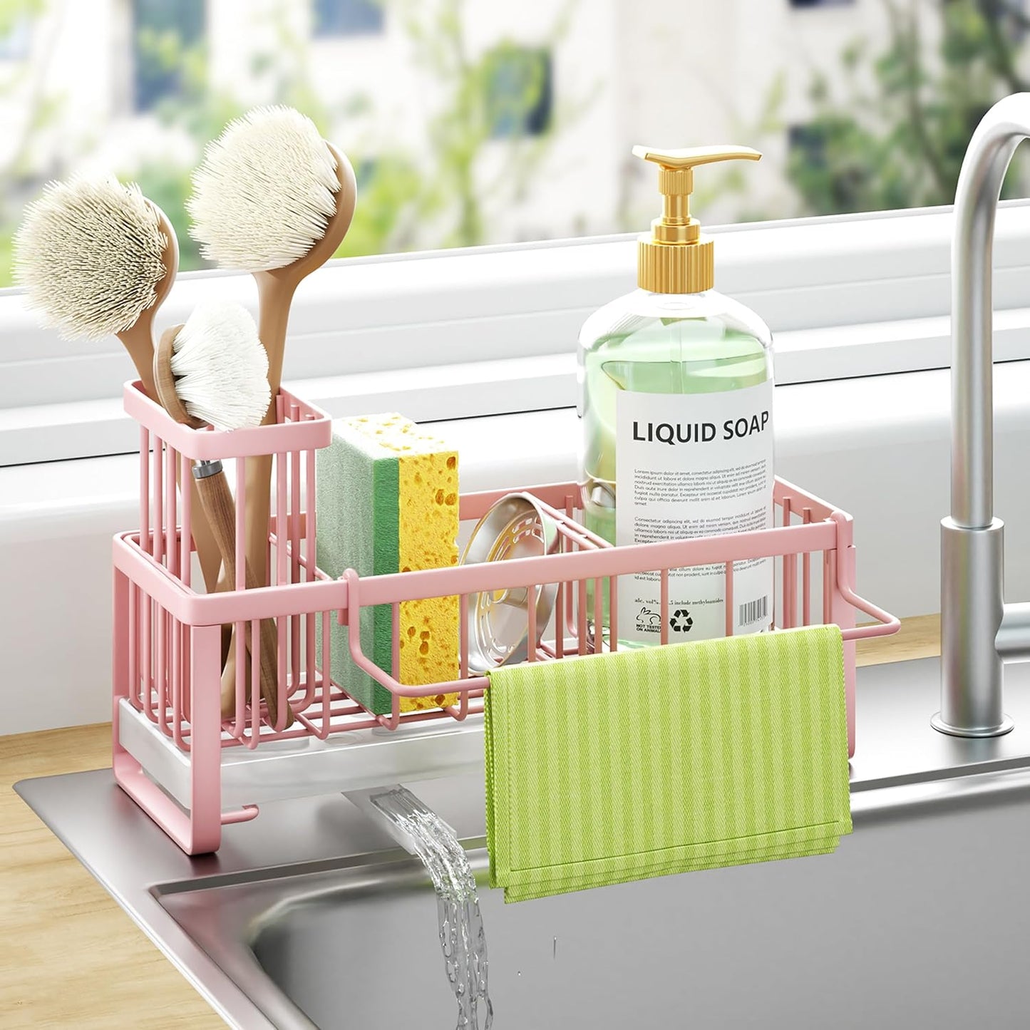 Sponge Holder for Kitchen Sink - Self-draining Sink Caddy with Brush and Dishcloth Holders, Stainless Steel Kitchen Countertop Organizers and Storage Essentials - Black