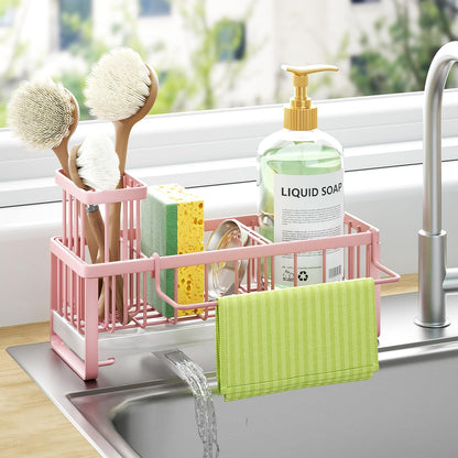 Sponge Holder for Kitchen Sink - Self-draining Sink Caddy with Brush and Dishcloth Holders, Stainless Steel Kitchen Countertop Organizers and Storage Essentials - Black