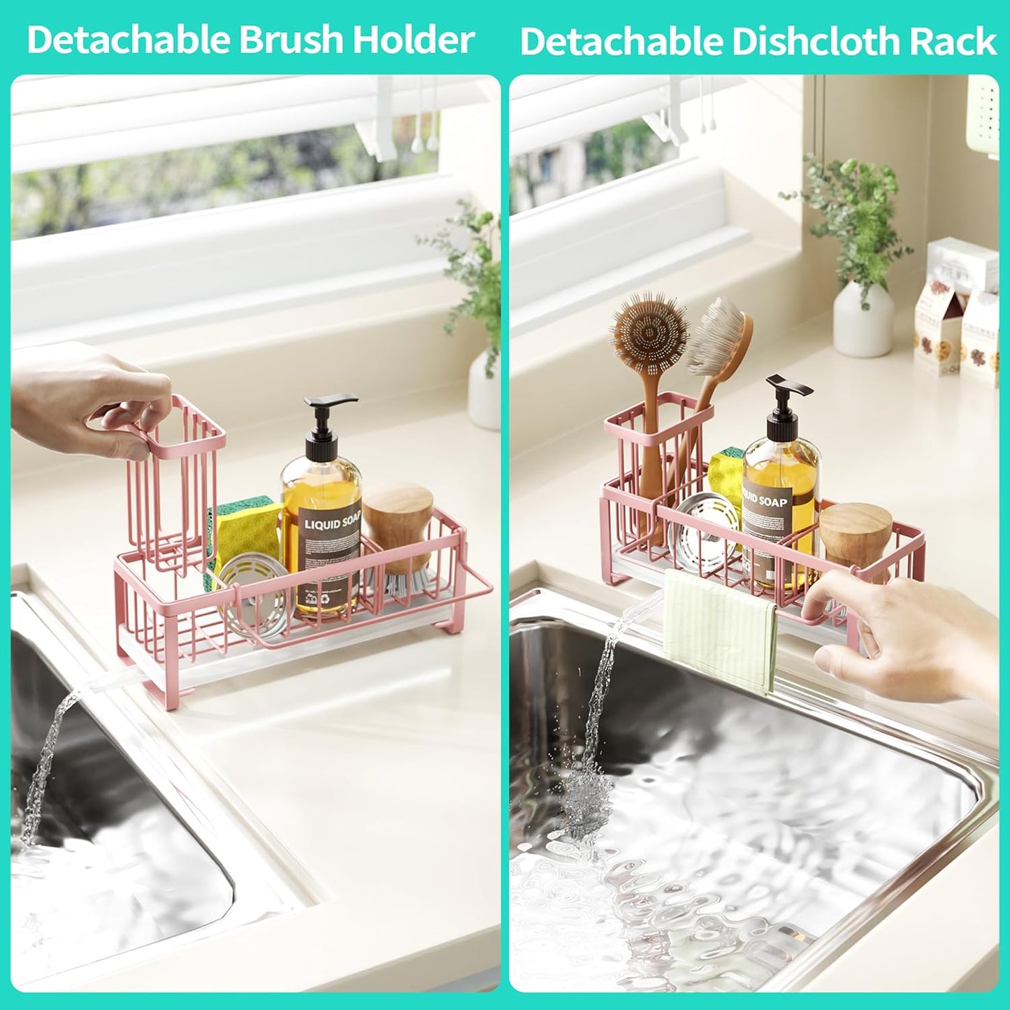 Sponge Holder for Kitchen Sink - Self-draining Sink Caddy with Brush and Dishcloth Holders, Stainless Steel Kitchen Countertop Organizers and Storage Essentials - Black