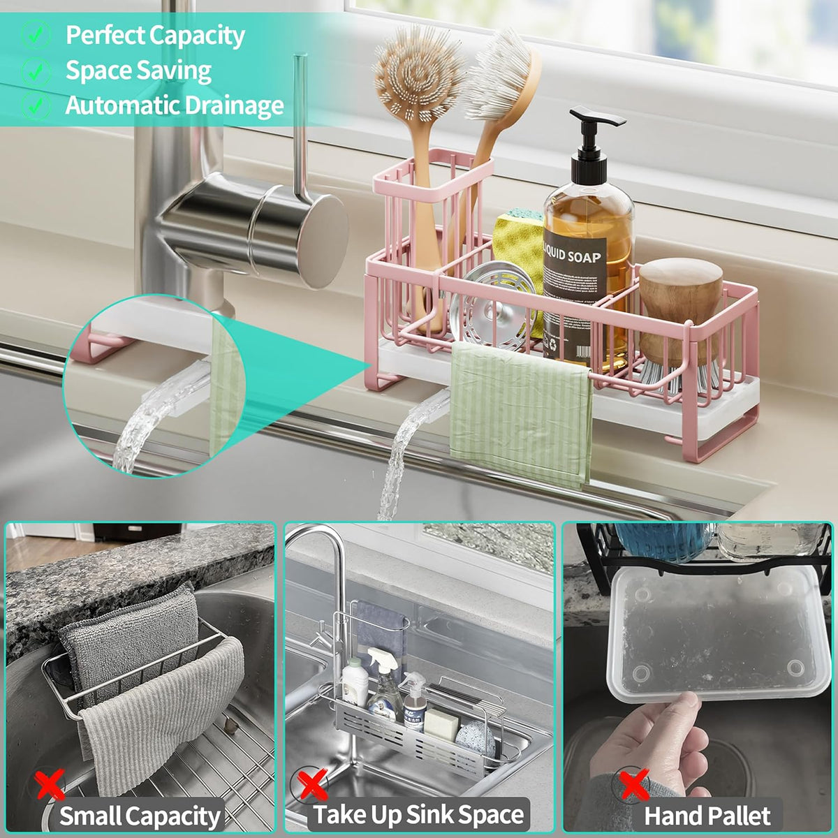 Sponge Holder for Kitchen Sink - Self-draining Sink Caddy with Brush and Dishcloth Holders, Stainless Steel Kitchen Countertop Organizers and Storage Essentials - Black