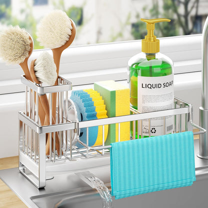 Sponge Holder for Kitchen Sink - Self-draining Sink Caddy with Brush and Dishcloth Holders, Stainless Steel Kitchen Countertop Organizers and Storage Essentials - Black