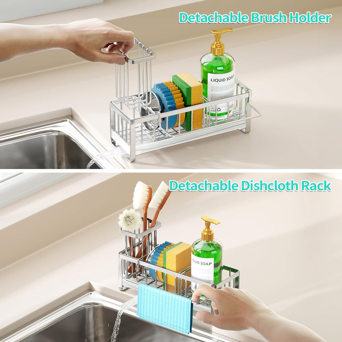 Sponge Holder for Kitchen Sink - Self-draining Sink Caddy with Brush and Dishcloth Holders, Stainless Steel Kitchen Countertop Organizers and Storage Essentials - Black