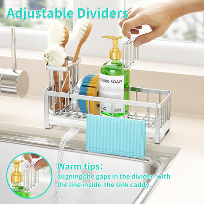 Sponge Holder for Kitchen Sink - Self-draining Sink Caddy with Brush and Dishcloth Holders, Stainless Steel Kitchen Countertop Organizers and Storage Essentials - Black