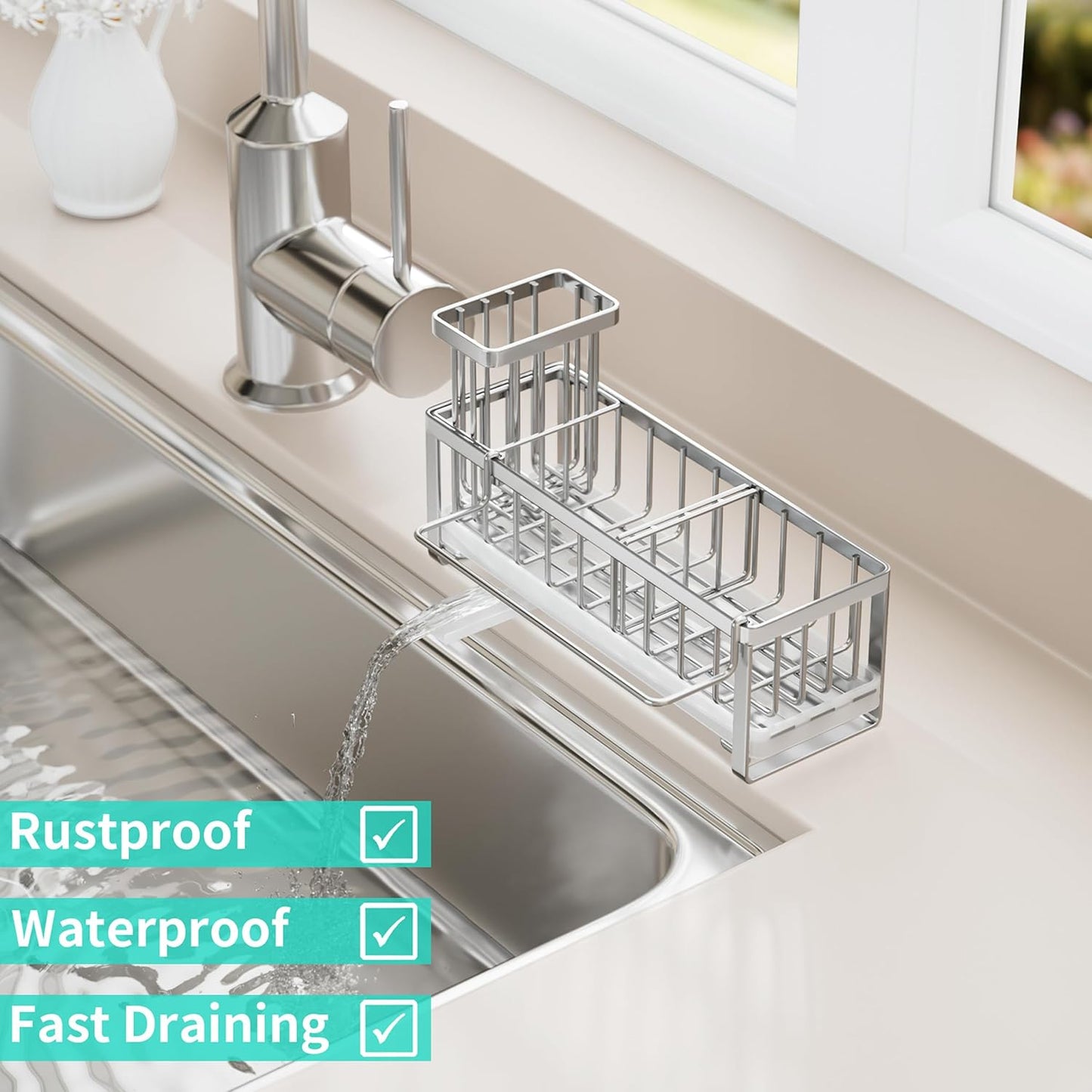 Sponge Holder for Kitchen Sink - Self-draining Sink Caddy with Brush and Dishcloth Holders, Stainless Steel Kitchen Countertop Organizers and Storage Essentials - Black