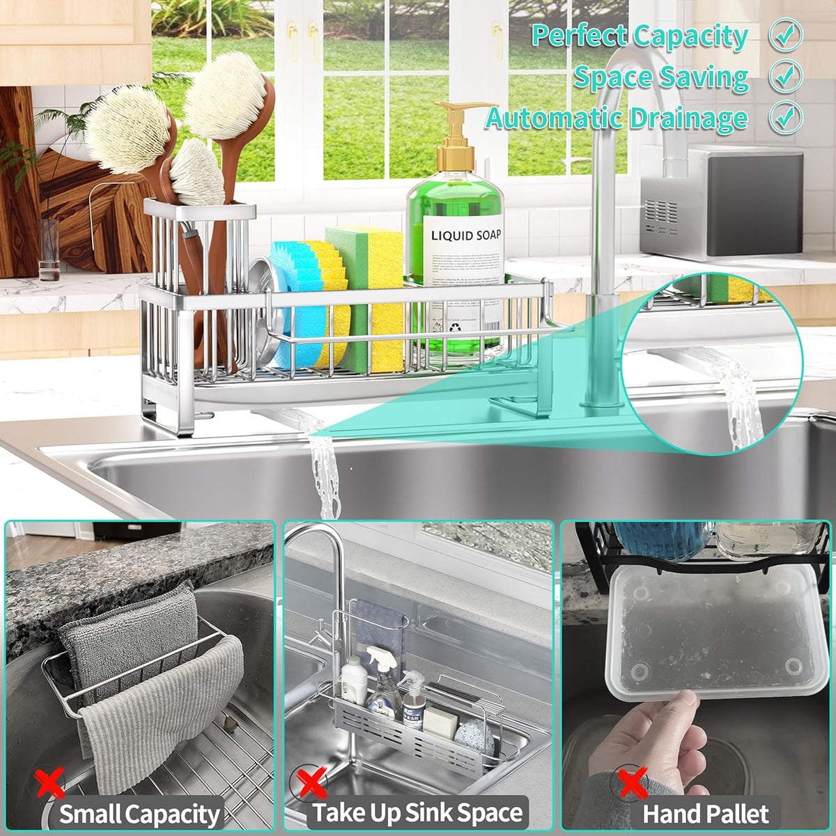 Sponge Holder for Kitchen Sink - Self-draining Sink Caddy with Brush and Dishcloth Holders, Stainless Steel Kitchen Countertop Organizers and Storage Essentials - Black