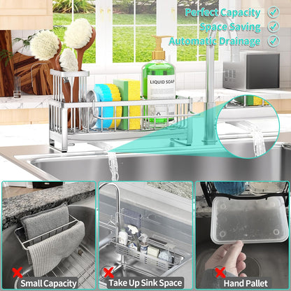 Sponge Holder for Kitchen Sink - Self-draining Sink Caddy with Brush and Dishcloth Holders, Stainless Steel Kitchen Countertop Organizers and Storage Essentials - Black