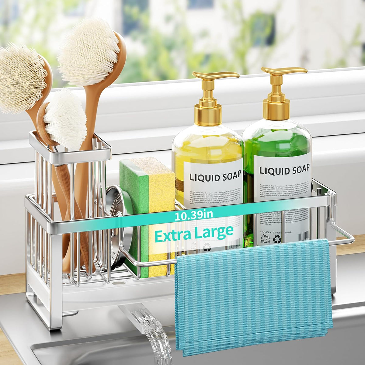 Sponge Holder for Kitchen Sink - Self-draining Sink Caddy with Brush and Dishcloth Holders, Stainless Steel Kitchen Countertop Organizers and Storage Essentials - Black
