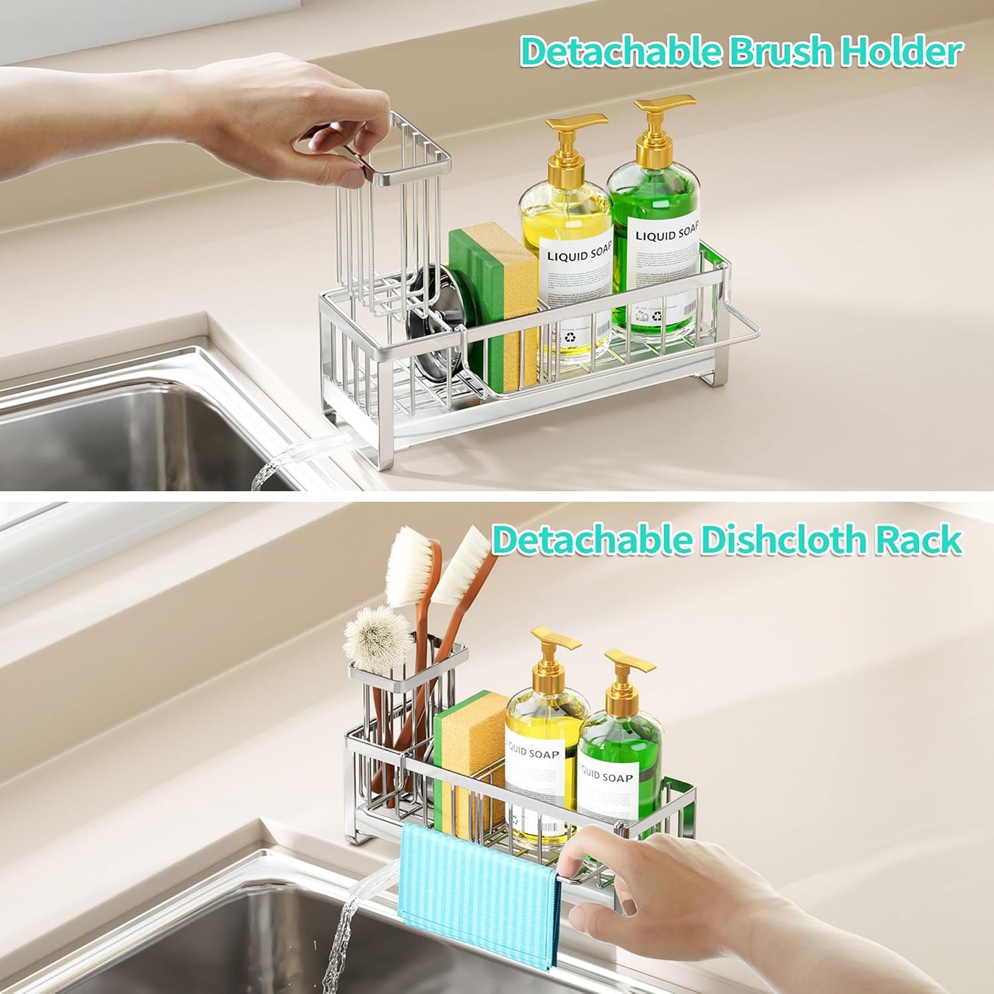 Sponge Holder for Kitchen Sink - Self-draining Sink Caddy with Brush and Dishcloth Holders, Stainless Steel Kitchen Countertop Organizers and Storage Essentials - Black